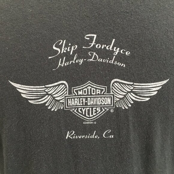 HARLEY DAVIDSON Black White Print Riverside CA Cut V Neck Tie Collar Shirt - Picture 11 of 13